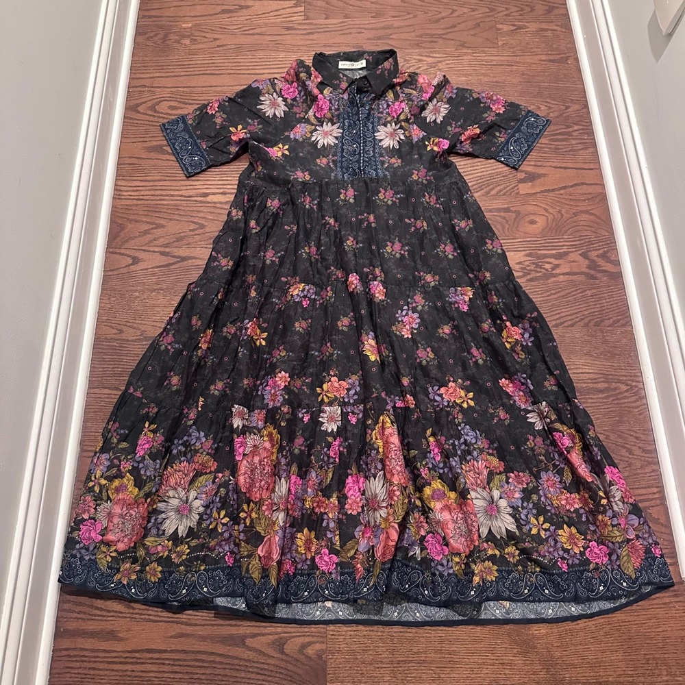 Natural Life Floral Paisley Tiered Cotton Midi Dress Black Size M Short Sleeve